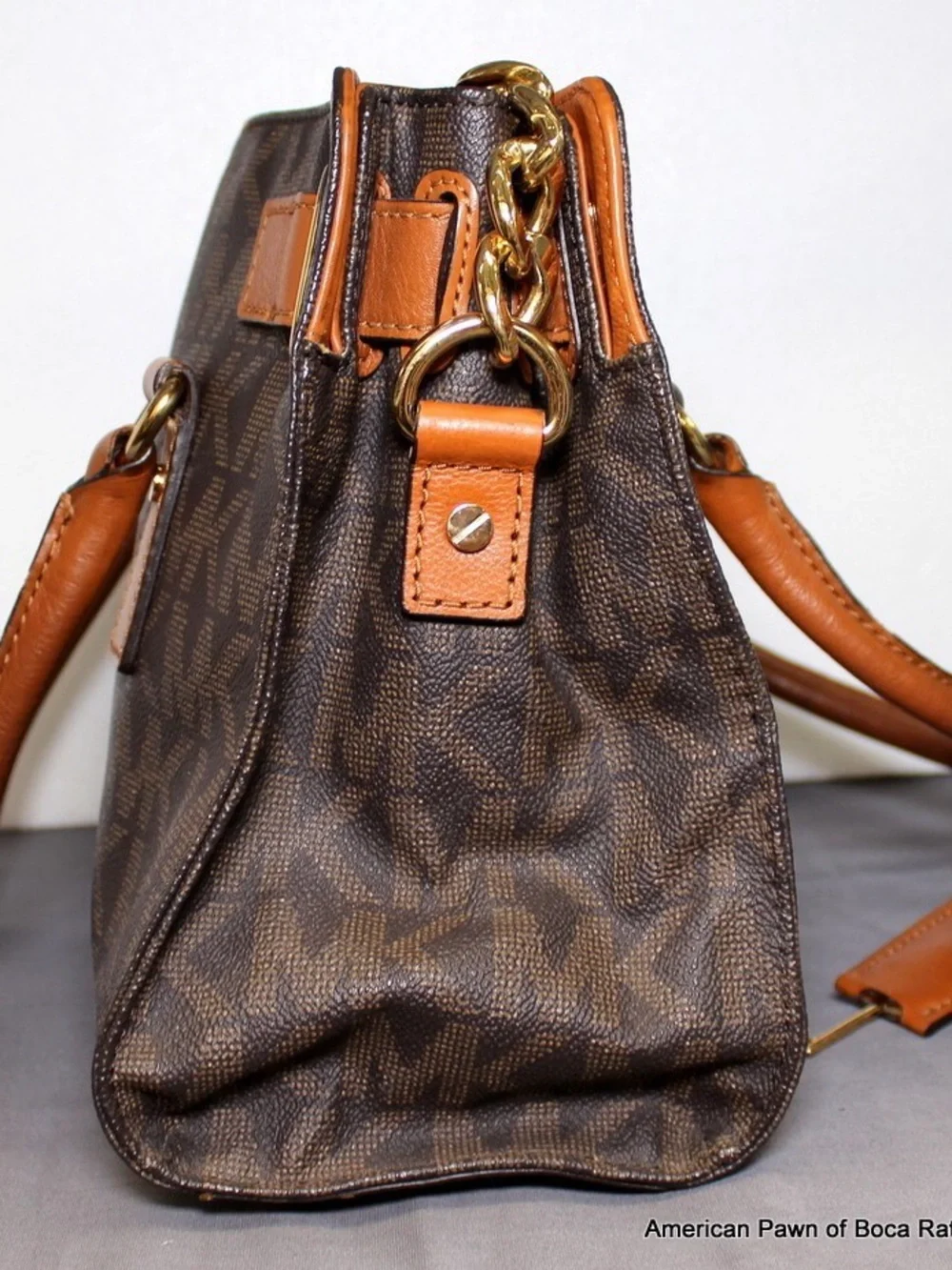 Michael Kors Brown Monogram Satchel with Tan Trim and Gold Hardware